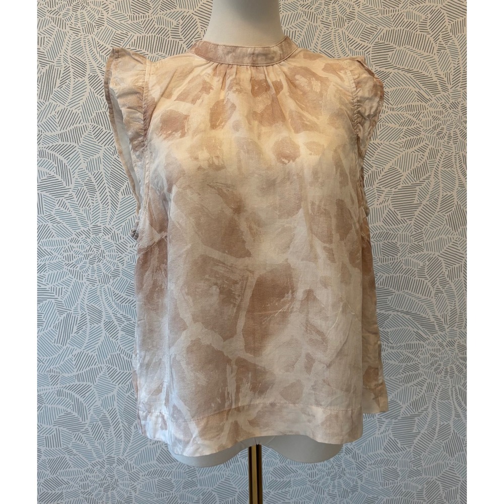 Bella Dahl Tencel Animal Watercolor Print Ruffle Mock Neck Blouse Tan Medium
